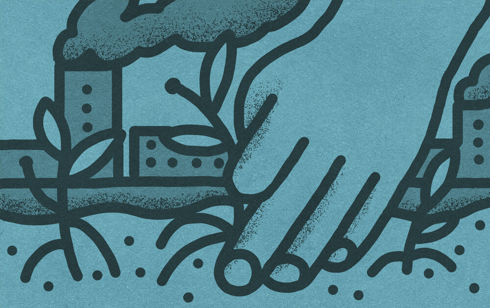 Close up of an illustration of a hand planting protective mangroves on the beach while on the horizon we see polluting factories.
