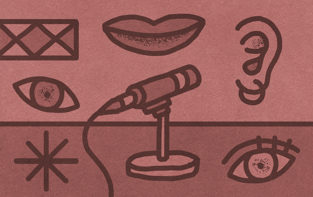 An illustration of a podcast microphone in the middle of the table, surrounded by different eyes, smiles, listening ears, and abstract decorative elements.